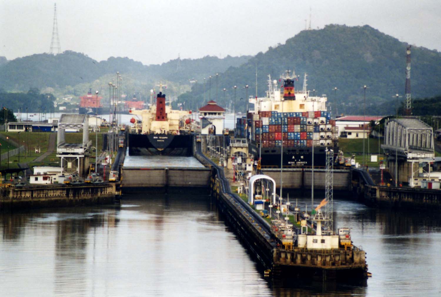 Container ships passing through the Panama Canal locks