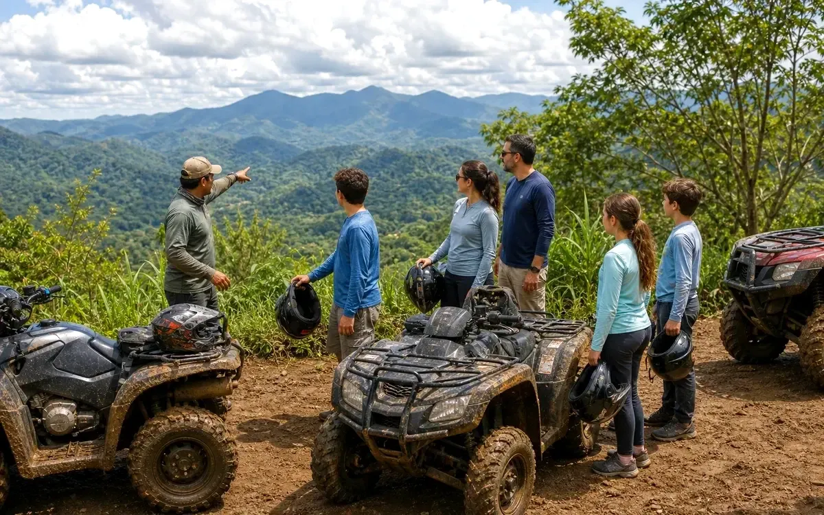 Group with ATVs at a mountain viewpoint in Cerro Azul
