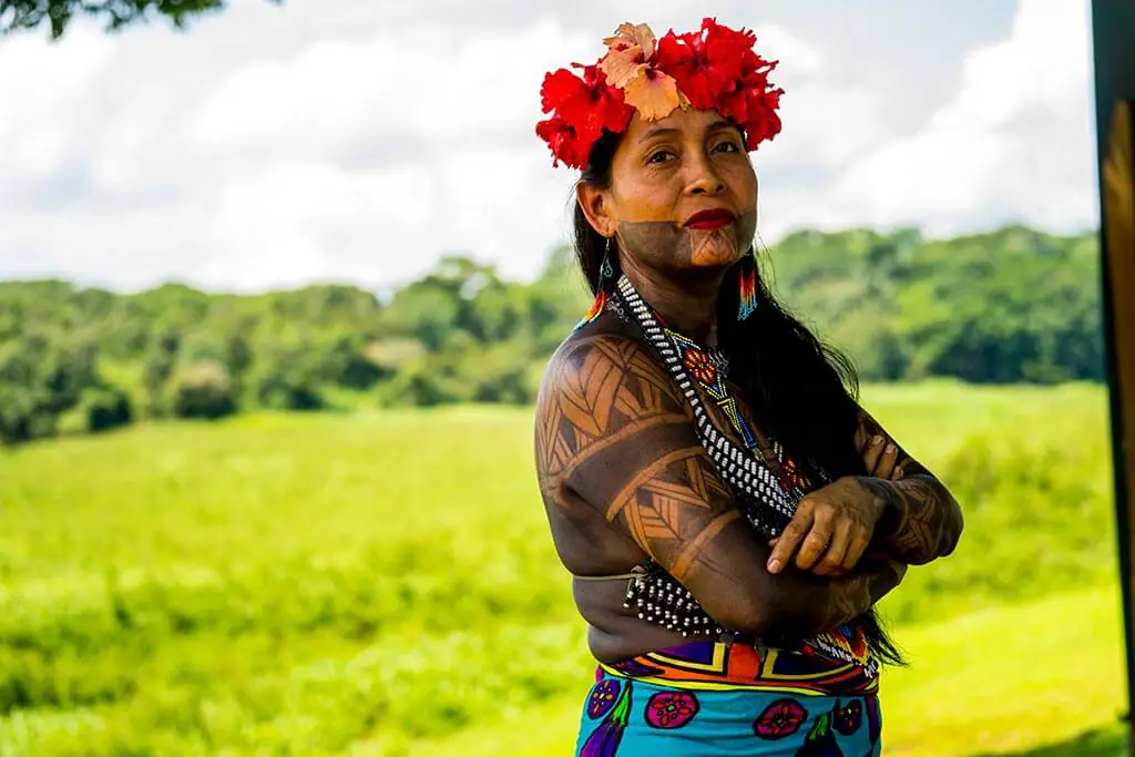 Emberá women in traditional dress in their village, Chagres National Park